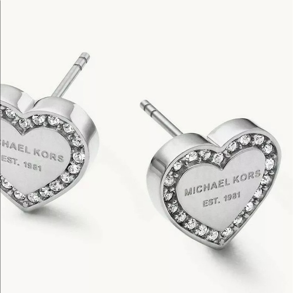 NWT MICHAEL KORS Silver Tone Pave Heart Stud Earrings MKJ3966040 MKJ3966 NEW - Picture 1 of 6